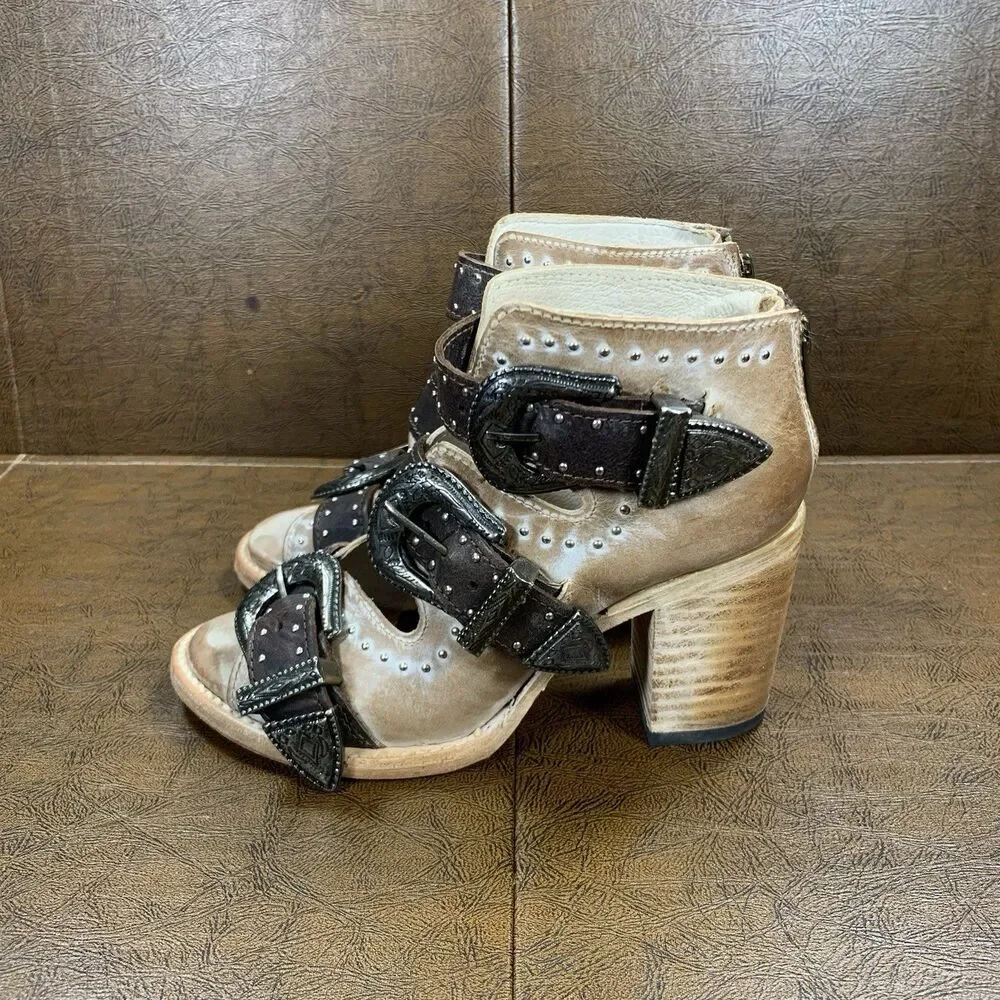 Freebird By Steven Violet Taupe Brown Leather Buckle Studded Sandals Women’s 6
